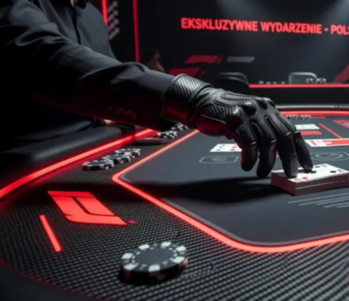 Scena eventowa blackjacka z karbonowym stołem i czerwonym oświetleniem