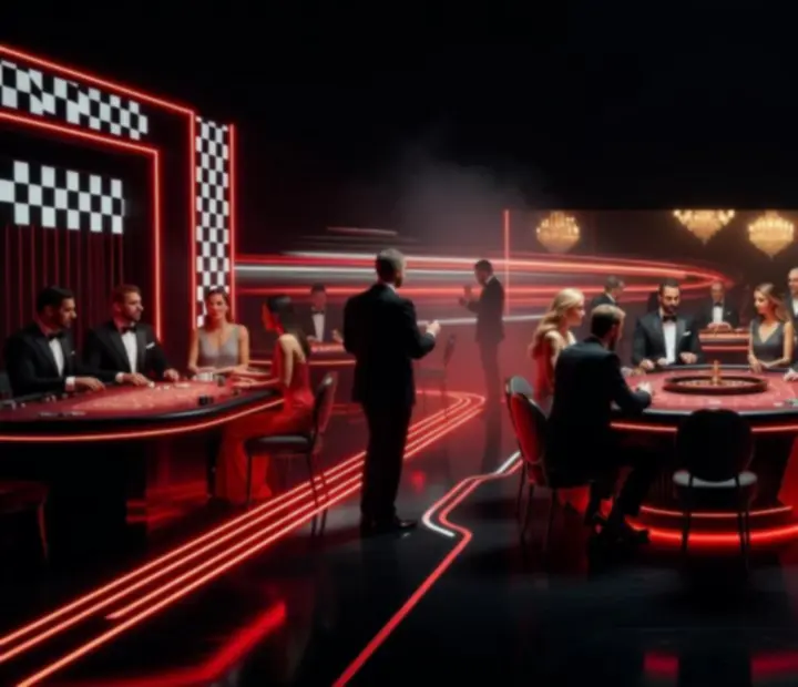 Centralna scenografia eventowa Kraviora z czerwonymi światłami i stołami