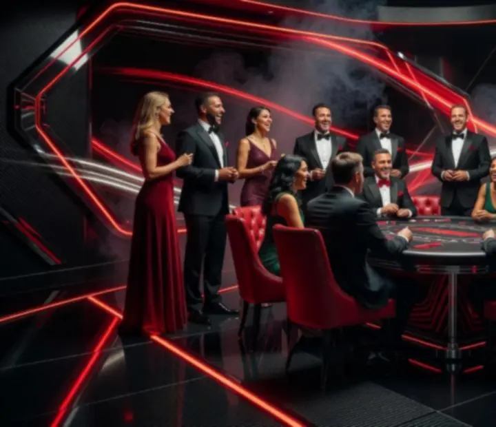 Prywatne wydarzenie Kraviora z ciemną scenografią, czerwonym światłem i stołami eventowymi