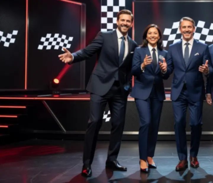 Liderzy zespołu Kraviora podczas prowadzenia eventu w wyścigowej, kasynowej scenografii