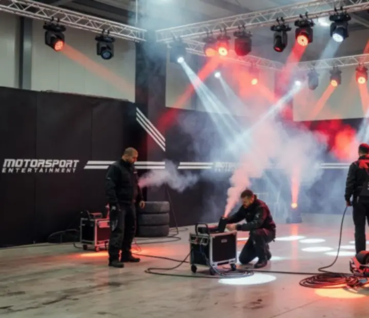 Sceniczna oprawa LED z czerwonymi i białymi światłami oraz dymem na evencie