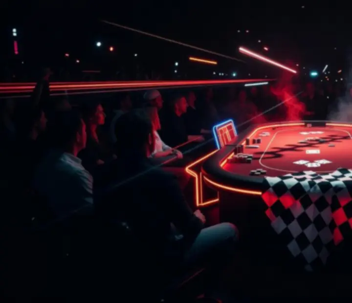 Stół pokerowy na ciemnym evencie z czerwonymi światłami
