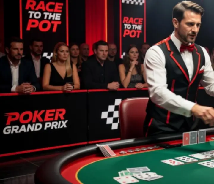 Prowadzący i krupier przy pokerowym stole podczas eventu