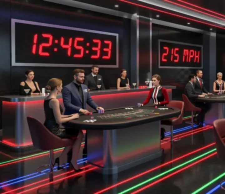 Wyścigowa scenografia wieczoru z karbonowymi panelami i motywem checkered flag